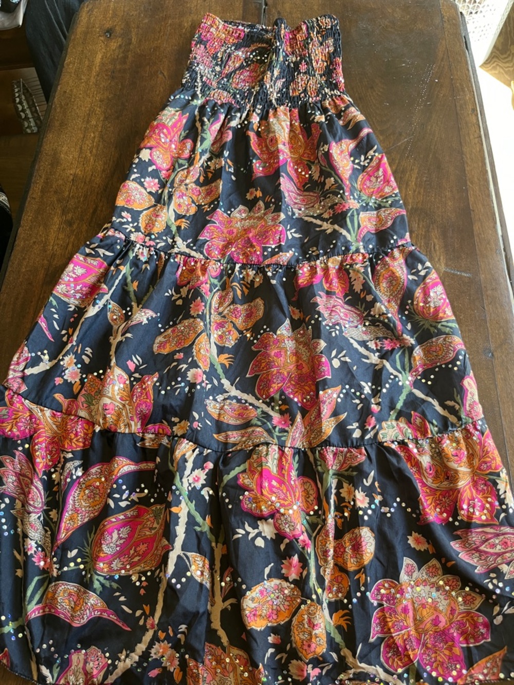 Bohemian Tiered Maxi Skirt in Black and Pink Floral
